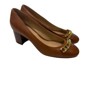 Lauren Ralph Lauren Women’s Jacksen Pumps Cognac Block Heel Chain Accent Sz 7.5